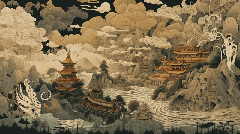 抽象山川河流河畔中华文化历史文化建筑殿堂阁楼祥云中国风国潮风古典复古插画,插画/手绘图,插画/手绘图库,插画/手绘图下载,插画/手绘